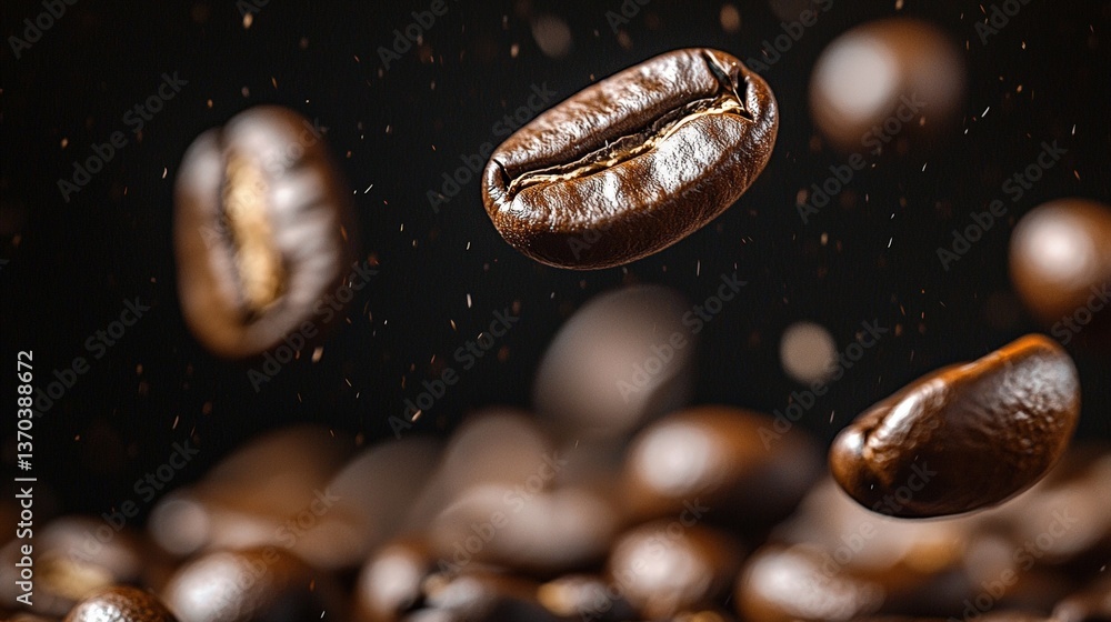 Flying Coffee Beans against Dark Background, Capturing Freshness and Aroma of Coffee Delight Flying Coffee Beans against Dark Background, Capturing Freshness and Aroma of Coffee Delight