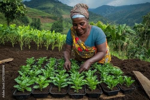 A farmer planting seedlings in neat rows, preparing for a bountiful harvest season