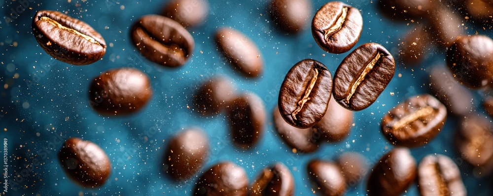 Floating Coffee Beans with Sparkles on Blue Background for Aroma and Flavor Enhancement in Beverages Floating Coffee Beans with Sparkles on Blue Background for Aroma and Flavor Enhancement in Beverages