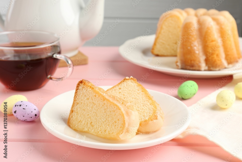 Pieces of delicious bundt cake, Easter eggs and tea on pink wooden table, closeup Pieces of delicious bundt cake, Easter eggs and tea on pink wooden table, closeup