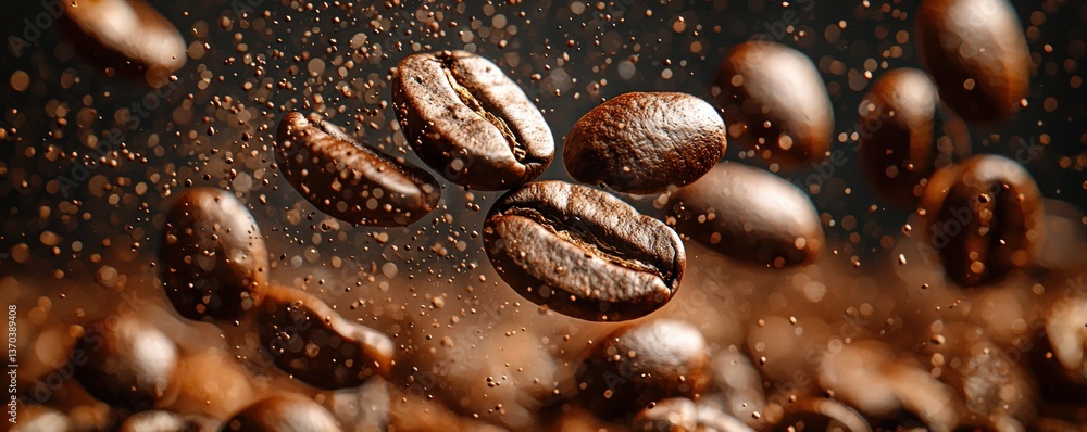 Freshly Roasted Coffee Beans Falling in a Dramatic Fashion Against a Dark Background with Hints of Coffee Dust Freshly Roasted Coffee Beans Falling in a Dramatic Fashion Against a Dark Background with Hints of Coffee Dust