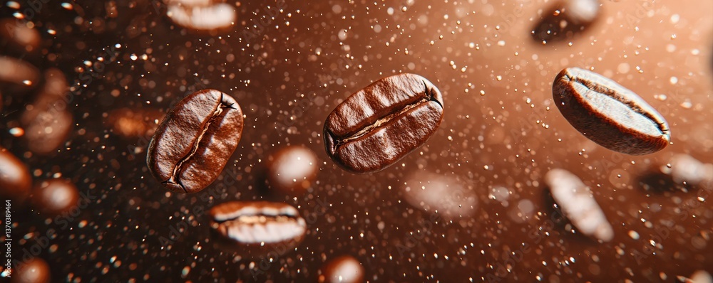Fototapeta premium Close-Up View of Falling Coffee Beans with Light Bokeh Effect Against a Warm Brown Background