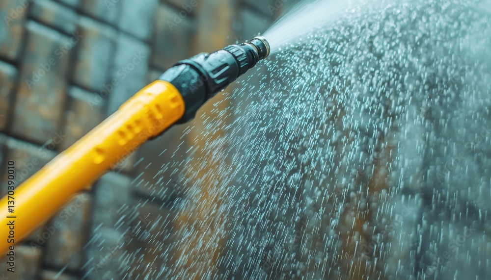High-Pressure Water Spray from Yellow Hose Nozzle on Wall High-Pressure Water Spray from Yellow Hose Nozzle on Wall