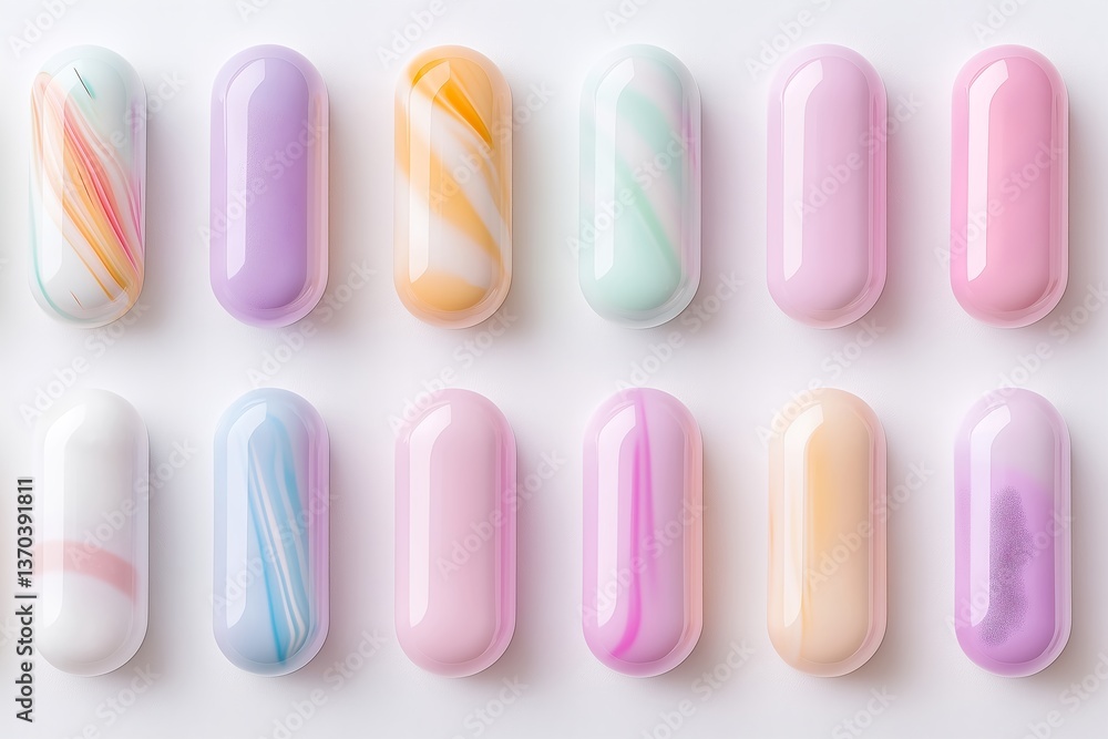 Pastel-Colored Pharmaceutical Capsules with Swirling Patterns on White Marble Background, Artistic Medicine, Abstract Art, Colorful Capsules, Aesthetic Pharmaceutical Design, Wellness Concept Pastel-Colored Pharmaceutical Capsules with Swirling Patterns on White Marble Background, Artistic Medicine, Abstract Art, Colorful Capsules, Aesthetic Pharmaceutical Design, Wellness Concept