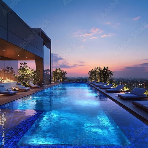 Twilight magic shimmering across an infinity pool with mountain scenery