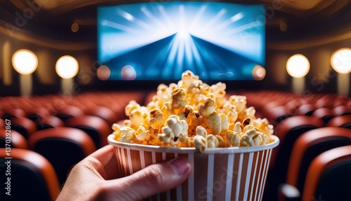 A close-up shot of a hand holding a piece of caramel popcorn inside a dimly lit cinema, blurred background theater seats and a glowing movie screen, creating a cozy and cinematic atmospher