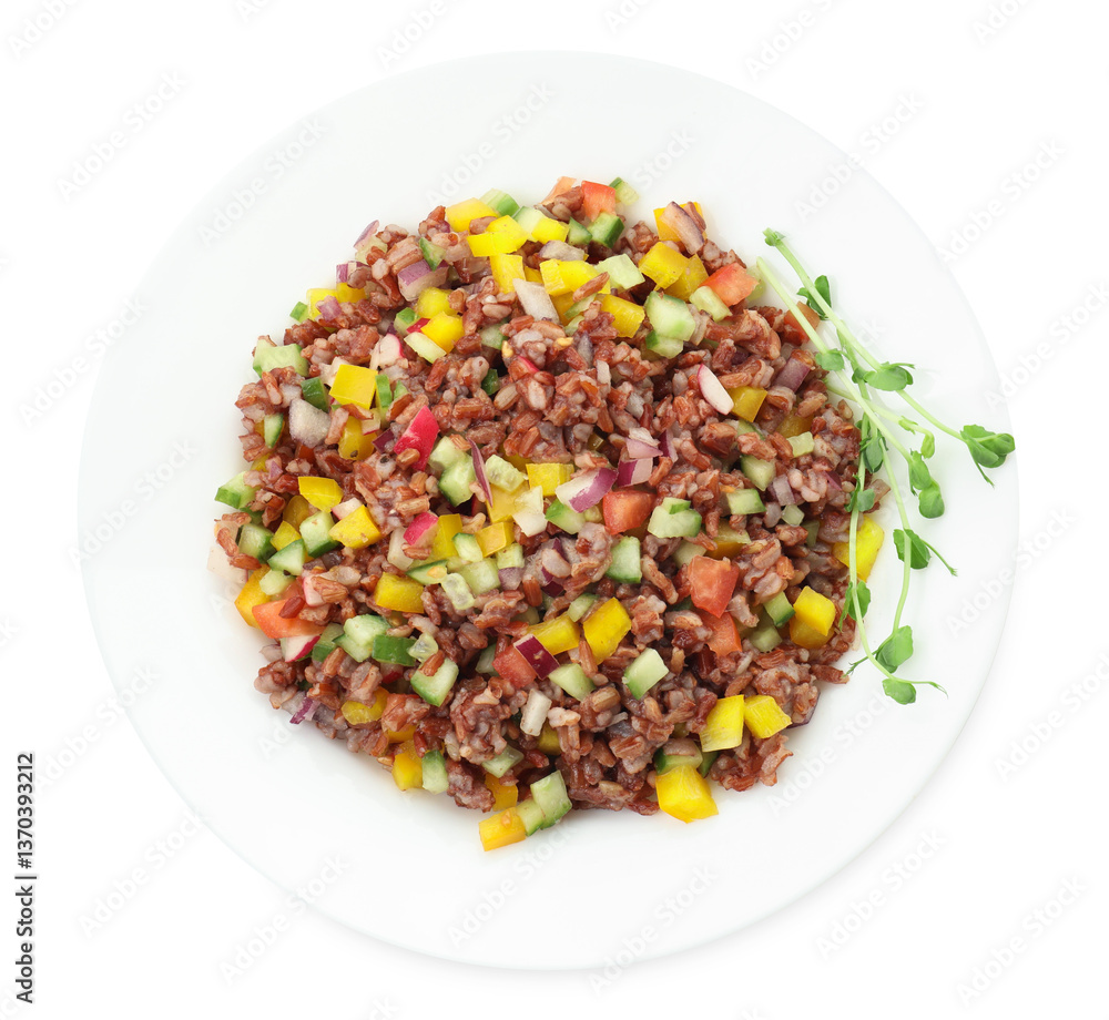 tasty salad with brown rice isolated on white, top view tasty salad with brown rice isolated on white, top view