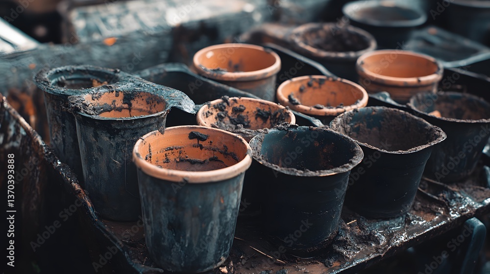 Dirty Flower Pots Gardening Tray Mud Soil Dirty Flower Pots Gardening Tray Mud Soil