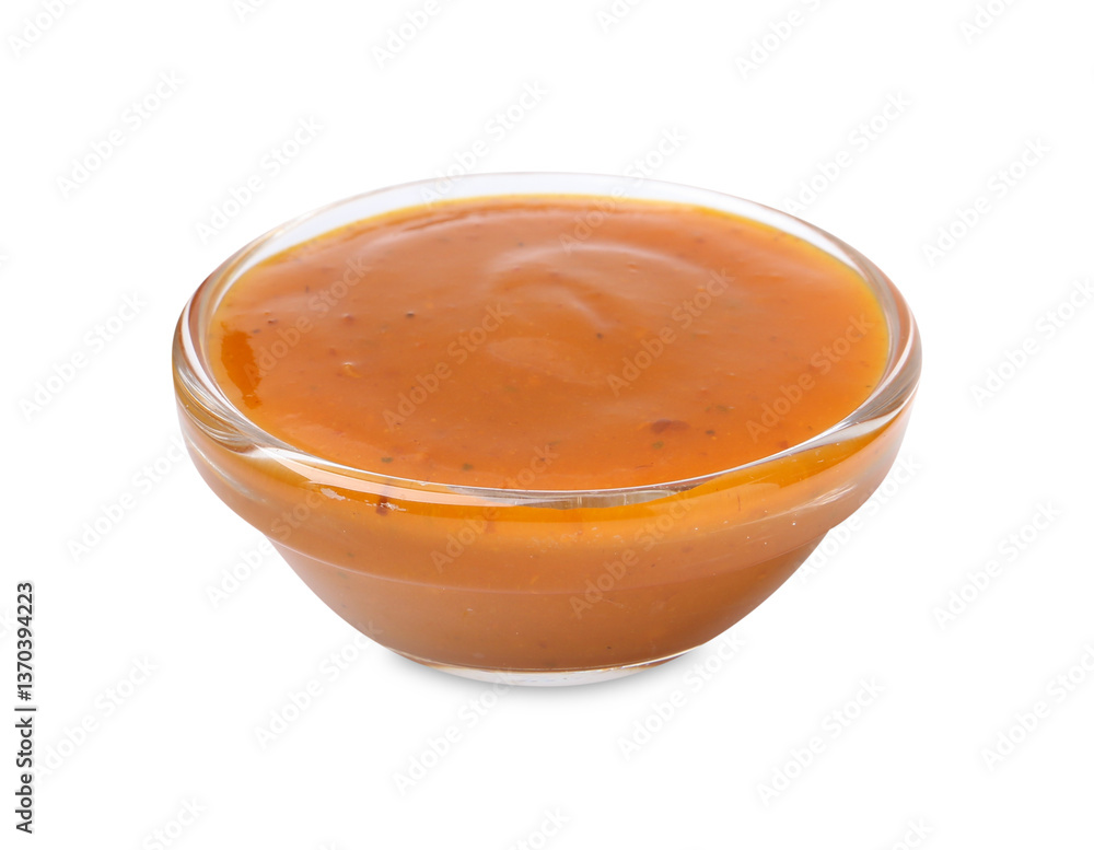 Tasty curry sauce in glass bowl isolated on white