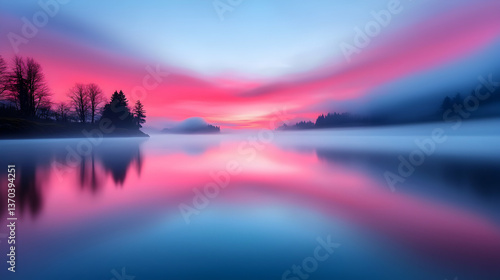 Pink and Blue Sunrise over a Misty Lake
