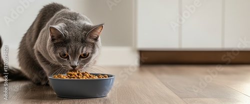 Cat eating food from a bowl on a wooden floor