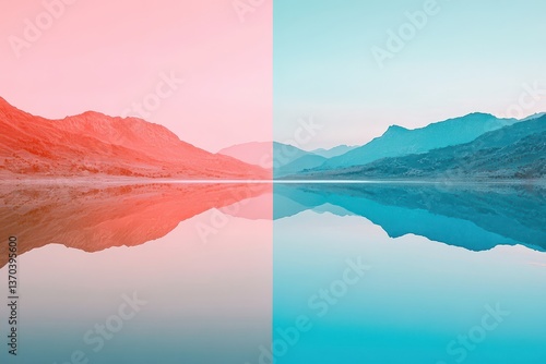 Lake reflecting both the pink-orange sunset and the pale blue of the rising evening, symbolizing balance and harmony