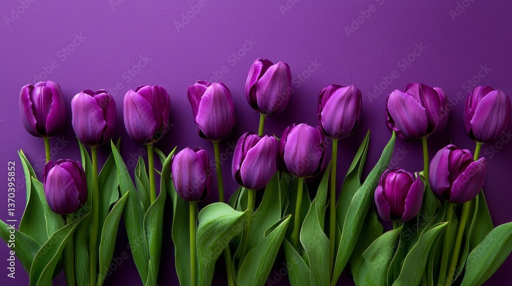 Fototapeta premium A row of purple flowers with green stems. The flowers are arranged in a line and are purple in color