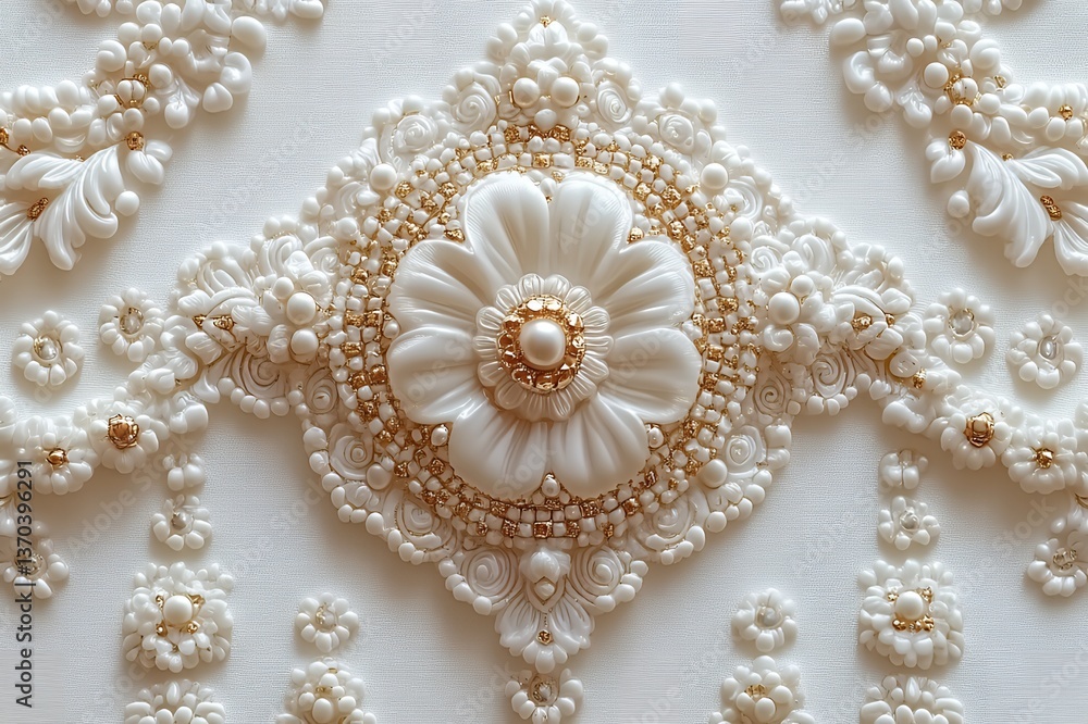Elegant White Gold Pearl Flower 3D Relief Texture Art Decorative Design Background Image rich craft floral luxury beaded ornate modern Elegant White Gold Pearl Flower 3D Relief Texture Art Decorative Design Background Image rich craft floral luxury beaded ornate modern