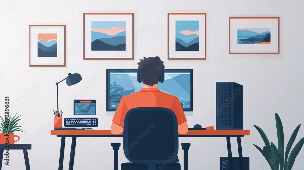 Young Person Working on Computer in Modern Home Office Environment Young Person Working on Computer in Modern Home Office Environment