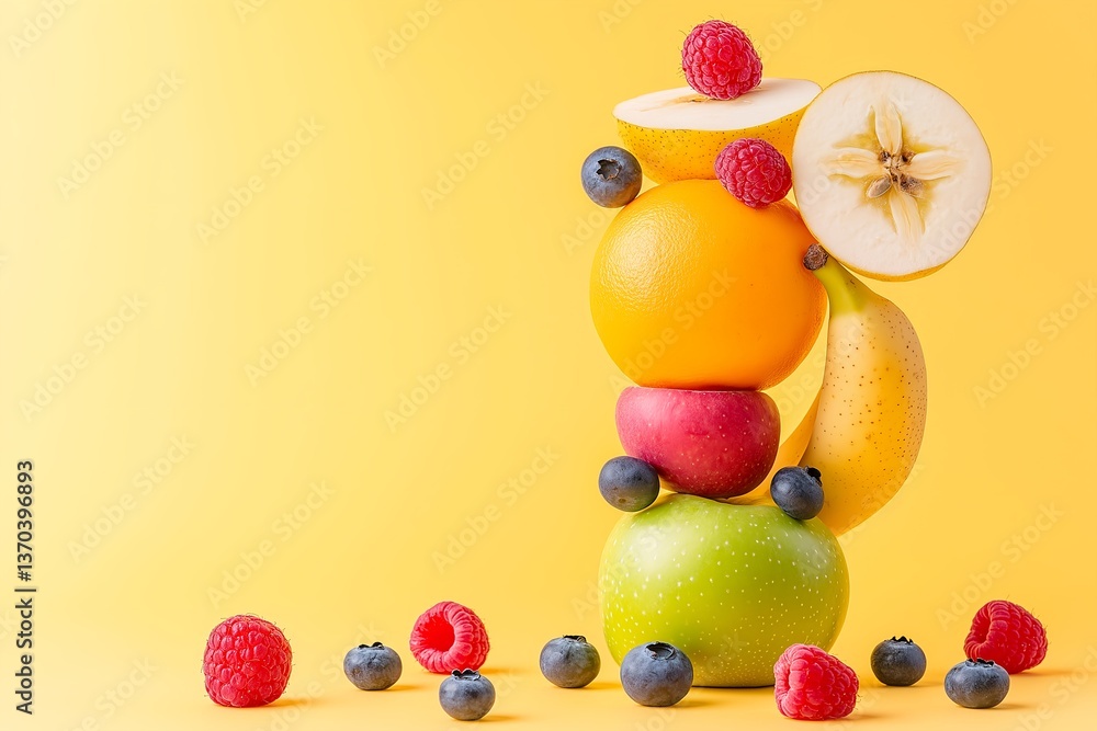 Creative Fruit Composition with Apple, Banana, Orange, Pear, Fresh Raspberries, Blueberries, Pastel Yellow Background, Vibrant Healthy Eating Concept, Commercial Food Promotion Creative Fruit Composition with Apple, Banana, Orange, Pear, Fresh Raspberries, Blueberries, Pastel Yellow Background, Vibrant Healthy Eating Concept, Commercial Food Promotion