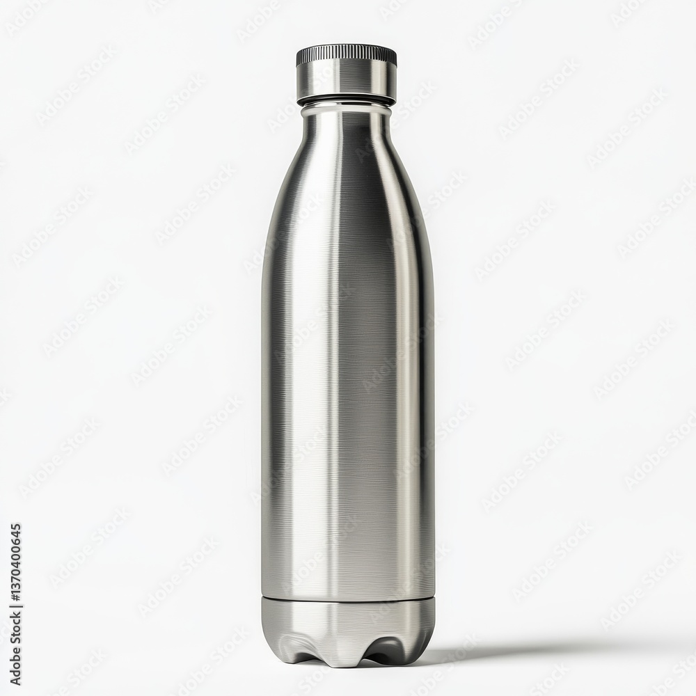 Sleek Stainless Steel Water Bottle on White Backdrop: Modern Hydration for Active Lifestyles and Eco-Friendly Choices Sleek Stainless Steel Water Bottle on White Backdrop: Modern Hydration for Active Lifestyles and Eco-Friendly Choices
