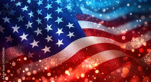 Elegant Waving American Flag with Red Blue Silver Glitter Bokeh Lights, Patriotic Celebration Background for Holidays and Special Occasions