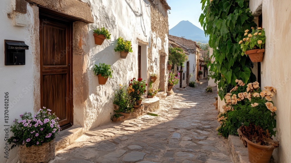 Naklejka premium A charming cobblestone street lined with colorful flower pots, leading to a stunning mountain view, showcasing the beauty of rural architecture and vibrant nature.