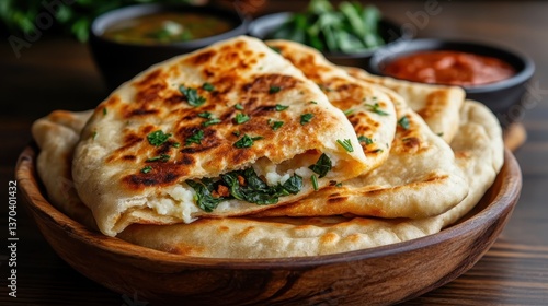 Wallpaper Mural A beautiful serving of stuffed naan featuring spinach and herbs, surrounded by bowls of rich dips, perfect for any food lover's delight in exploring flavors and textures. Torontodigital.ca