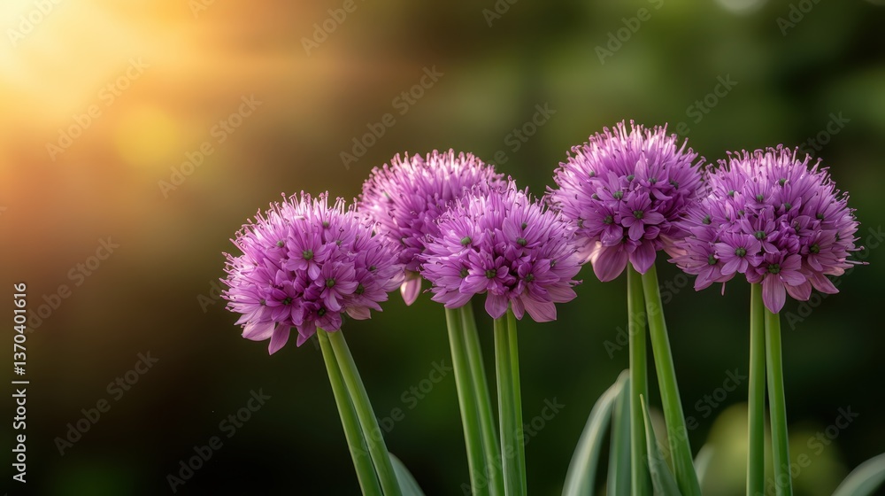 Captured during sunset, the vibrant purple chive flowers glow beautifully, illuminated softly by the golden light, enhancing their warm and inviting nature. Captured during sunset, the vibrant purple chive flowers glow beautifully, illuminated softly by the golden light, enhancing their warm and inviting nature.