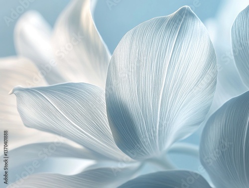 Elegant flower petal close-up, minimalist art on white paper, tranquil romance, nature's grace, modern aesthetic blend, soft illuminated lines, gentle glow, design inspiration.