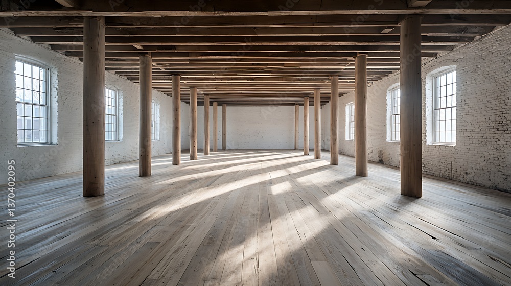 Sunlit Mill Interior with Wooden Beams. Sunlit Mill Interior with Wooden Beams.