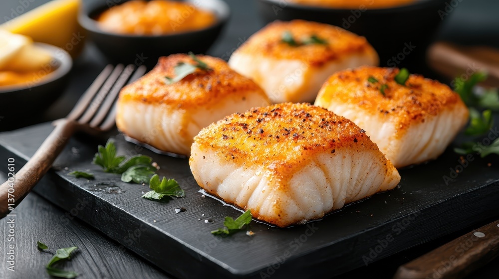 This image features beautifully seared cod filets arranged artfully on a black platter, showcasing their delicious texture and garnished with fresh herbs and lemon. This image features beautifully seared cod filets arranged artfully on a black platter, showcasing their delicious texture and garnished with fresh herbs and lemon.