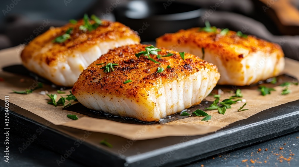 Displayed are succulent cod filets grilled to golden perfection, topped with vibrant herbs and served on a dark plate, emphasizing the dish's culinary artistry. Displayed are succulent cod filets grilled to golden perfection, topped with vibrant herbs and served on a dark plate, emphasizing the dish's culinary artistry.