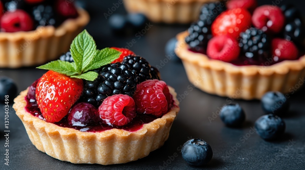 A gourmet berry tart that showcases an exquisite arrangement of fresh raspberries, blueberries, and strawberries, highlighting the essence of summer in every bite. A gourmet berry tart that showcases an exquisite arrangement of fresh raspberries, blueberries, and strawberries, highlighting the essence of summer in every bite.