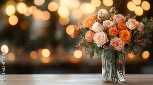 Fototapeta Naklejka Na Ścianę i Meble -  A vibrant bouquet of colorful roses fills a clear vase, creating an eye-catching display that radiates joy and beauty, enhanced by a sparkling bokeh background for an enchanting effect.