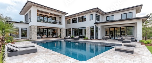 Modern home exterior with a pool, tile patio, and outdoor seating area on a sunny day
