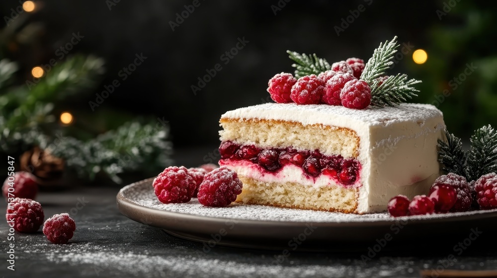 This sumptuous slice of raspberry layer cake is adorned with fresh berries, showcasing its rich cream filling and delicate frosting in a beautifully styled dark setting. This sumptuous slice of raspberry layer cake is adorned with fresh berries, showcasing its rich cream filling and delicate frosting in a beautifully styled dark setting.