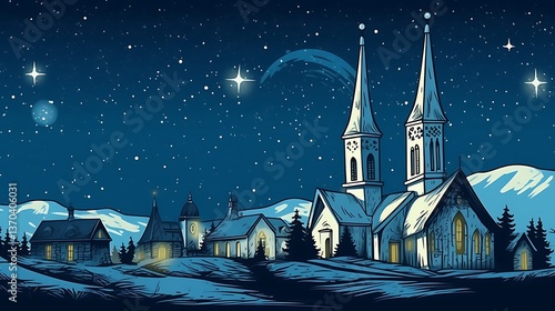 Nighttime Village Scene with Twin Church Steeples