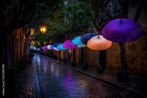 A Lisbon street decorated with colorful umbrellas during the summer festivals
