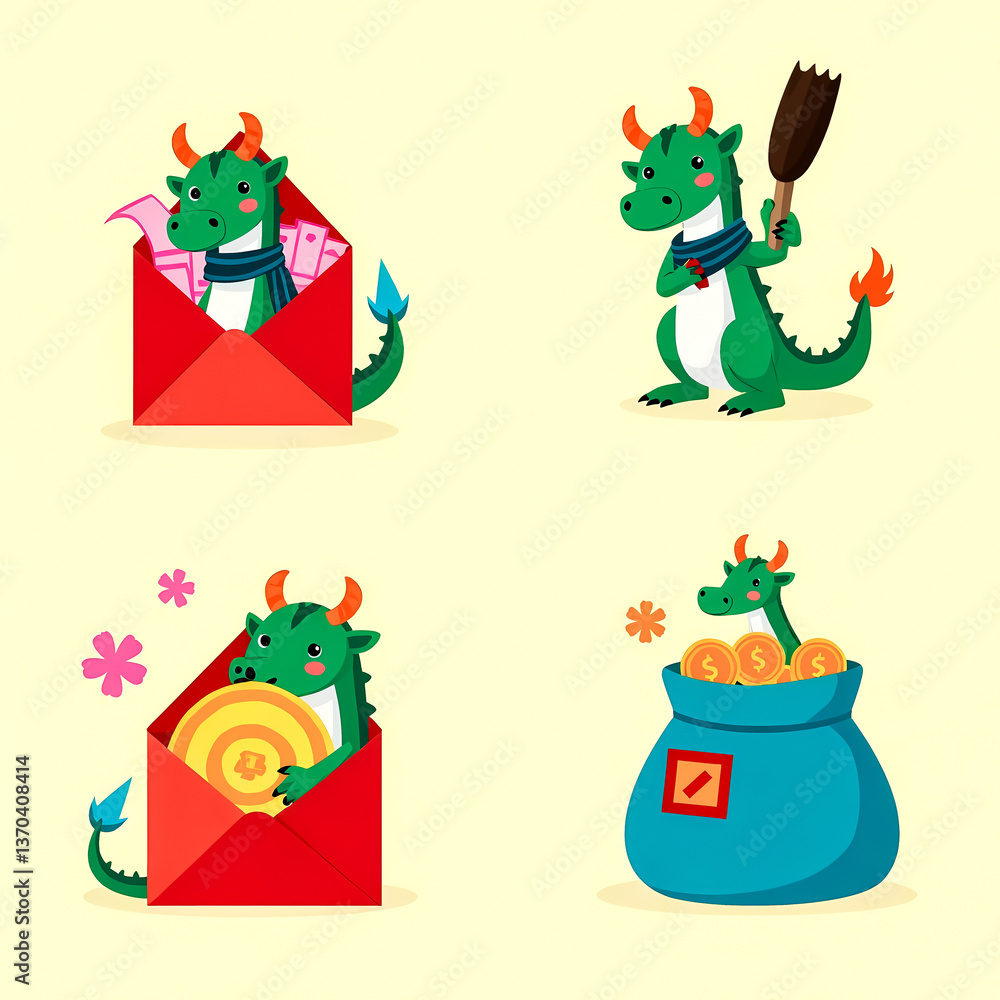 Fototapeta premium four playful dragons interacting with symbols of wealth and prosperity