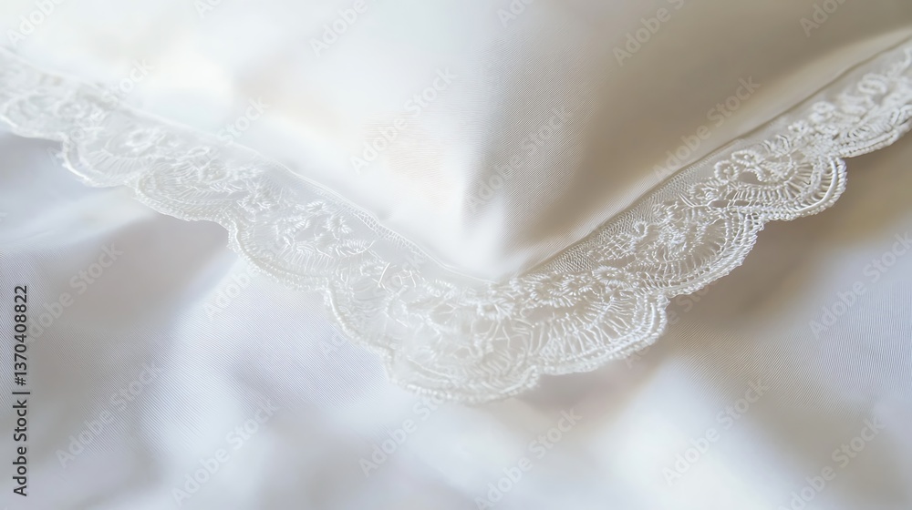 Delicate white lace trim on a crisp white bedding set. Soft, elegant, and luxurious fabric Delicate white lace trim on a crisp white bedding set. Soft, elegant, and luxurious fabric