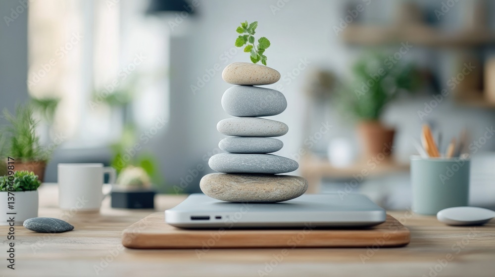 Obraz premium Stacked stones on laptop