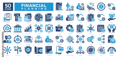 Financial planning icon collection set, including budgeting, investment, analytics, income management, and strategy. Perfect for financial reports, infographics, and business planning .
