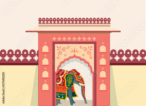 Illustration of an Elephant Walking Through a royal Decorative Arch. indian fort wall & door vector design