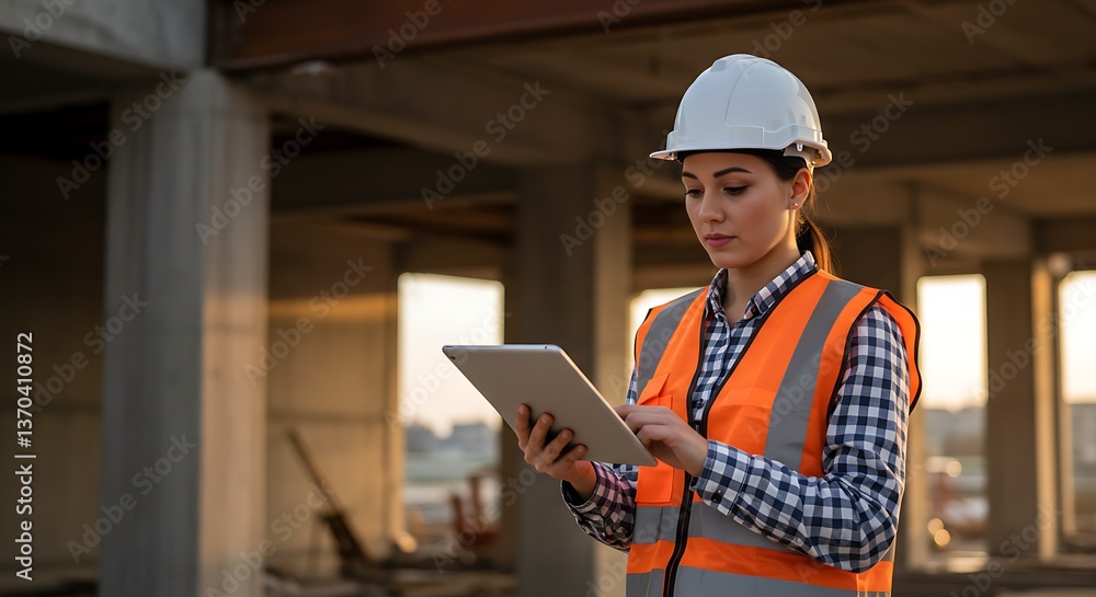 A woman in a safety vest and hard hat, on the construction site A woman in a safety vest and hard hat, on the construction site