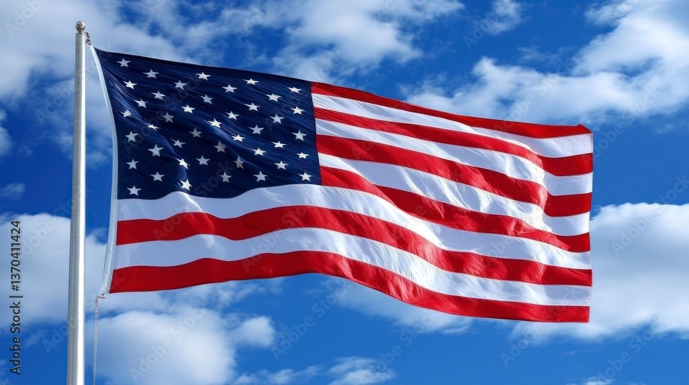 American Flag Waving Proudly Against Bright Blue Sky with Clouds American Flag Waving Proudly Against Bright Blue Sky with Clouds