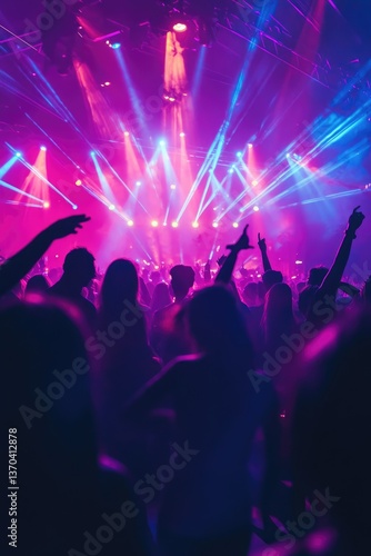 Silhouetted Concert Crowd Illuminated by Pink and Blue Stage Lights