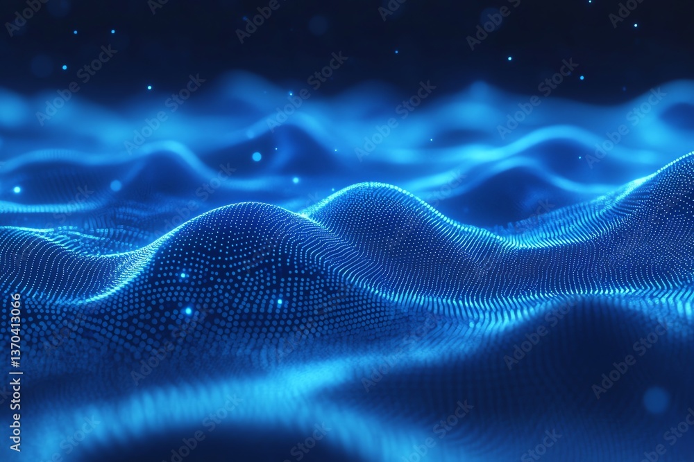 Abstract Blue Waves Flowing with Glowing Particles Visual Technology Concept Abstract Blue Waves Flowing with Glowing Particles Visual Technology Concept
