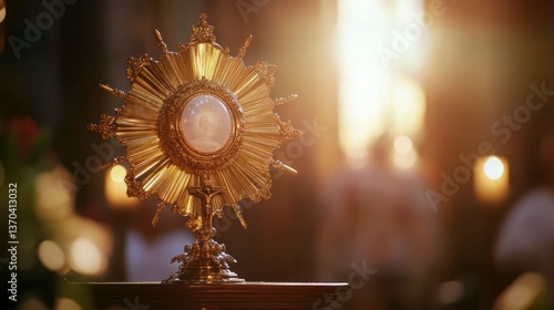 Golden Monstrance with Cross in Church for Eucharistic Adoration Ceremony photo
