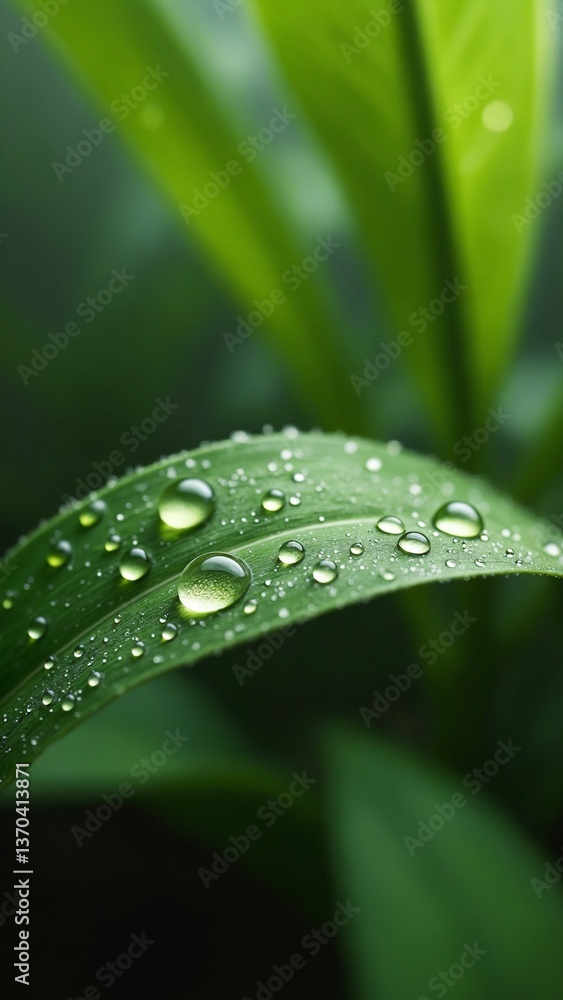 Close-Up of a Green Leaf with Dew Droplets Reflecting Natural Beauty in Lush Environment with Soft Focus Background Close-Up of a Green Leaf with Dew Droplets Reflecting Natural Beauty in Lush Environment with Soft Focus Background
