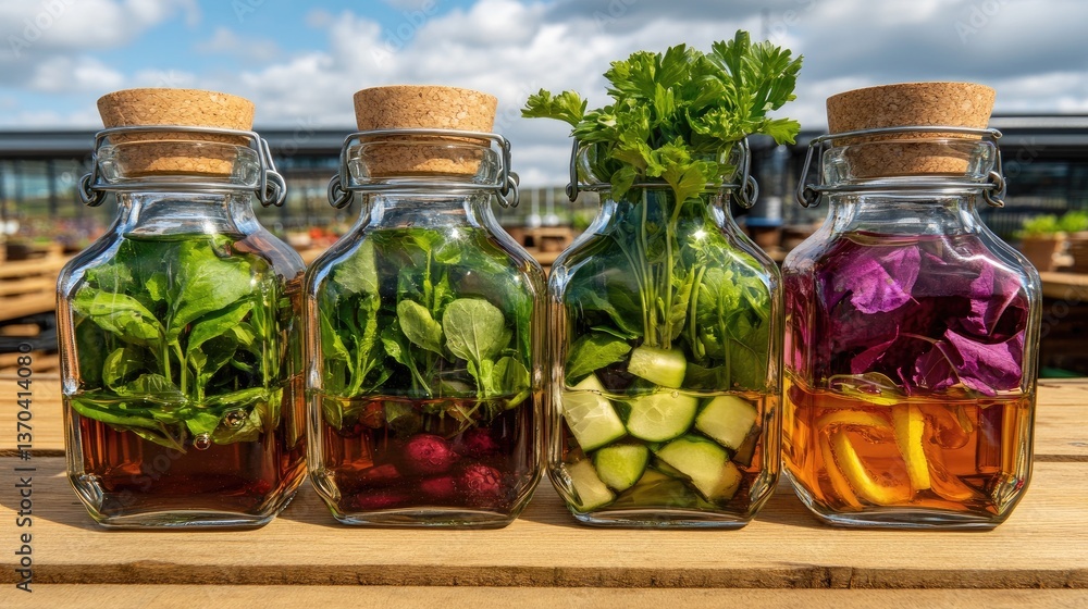 Four glass bottles with assorted plants, herbs, and fruit slices stand on a wooden surface Four glass bottles with assorted plants, herbs, and fruit slices stand on a wooden surface