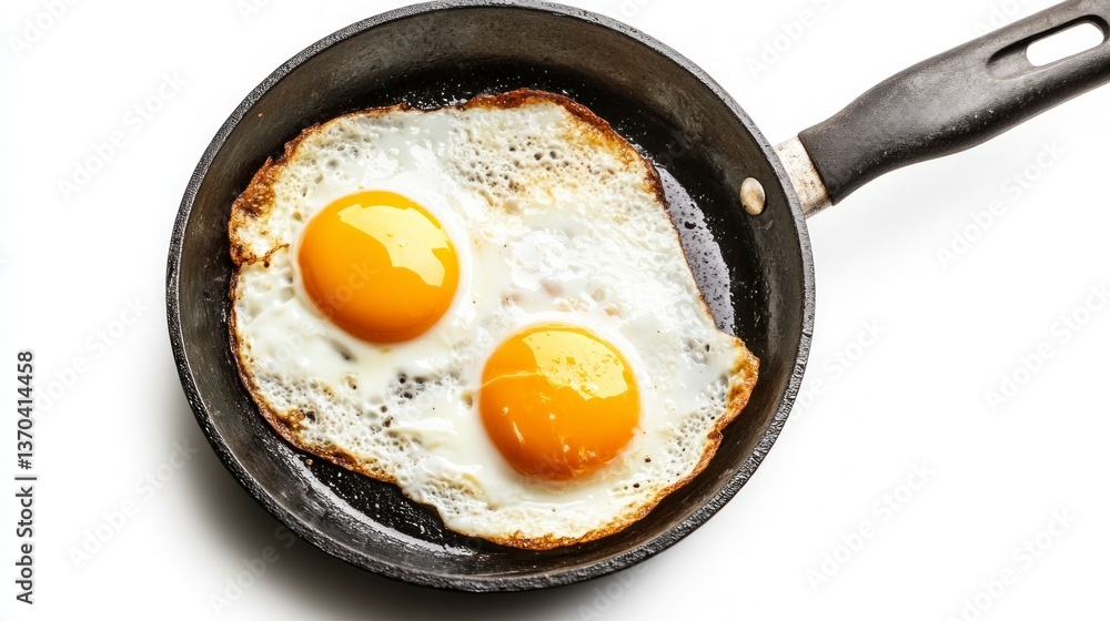 Two Fried Eggs Cooking in a Pan on White Background Still Life Two Fried Eggs Cooking in a Pan on White Background Still Life