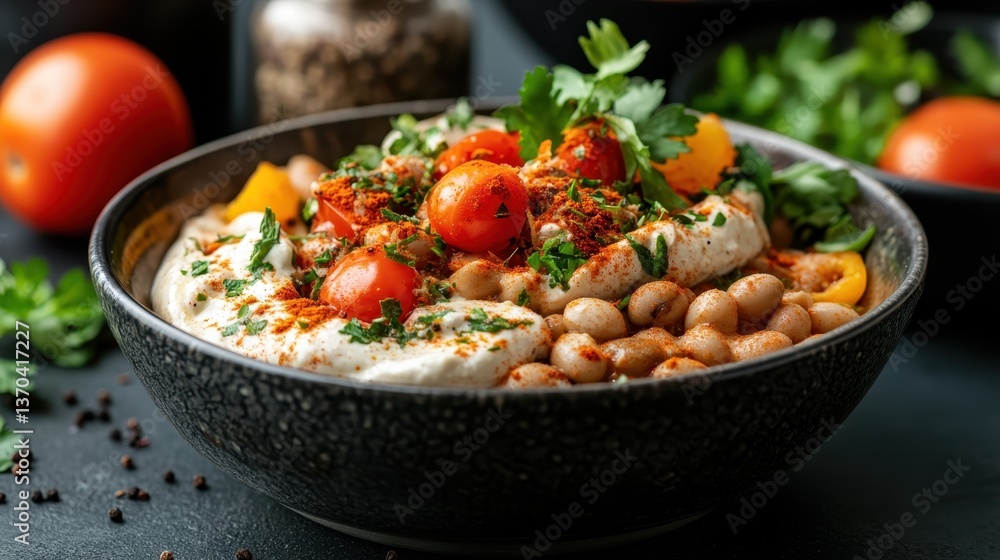 A vibrant bowl filled with creamy white beans, colorful cherry tomatoes, and fresh herbs, showcasing a delightful culinary arrangement on a dark background. A vibrant bowl filled with creamy white beans, colorful cherry tomatoes, and fresh herbs, showcasing a delightful culinary arrangement on a dark background.