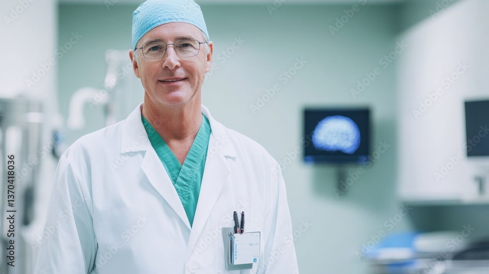 A smiling male neurosurgeon in scrubs. A smiling male neurosurgeon in scrubs.